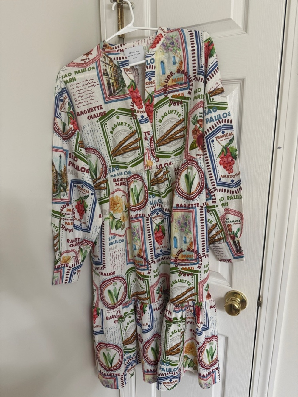 New medium Printed Cotton Popover Dress in White with Multicolor Stamp Motif